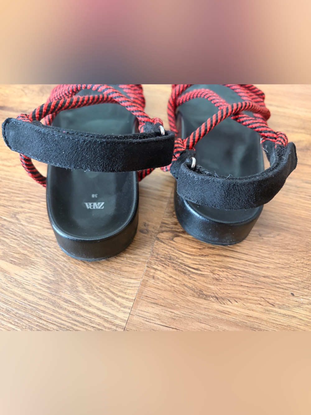 ZARA Black Sandals with Red Rope Crisscross Straps - Picture 4 of 5